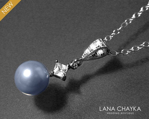 زفاف - Blue Pearl Silver Necklace Swarovski 8mm Light Blue Pearl CZ Necklace Single Pearl Wedding Necklace Blue Pearl Bridal Jewelry Prom Necklace