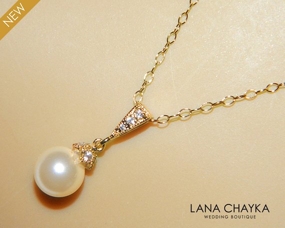 Mariage - Ivory Pearl Gold Bridal Necklace Single Pearl Gold Necklace Swarovski 8mm Small Pearl Gold Necklace Wedding Pearl Drop Necklace Bridal Pearl