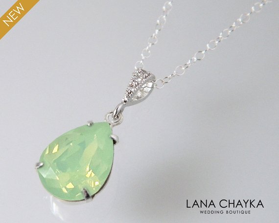 Mariage - Chrysolite Green Opal Necklace, Mint Green Opal Crystal Necklace, Swarovski Rhinestone Teardrop Necklace, Bridal Bridesmaid Wedding Jewelry