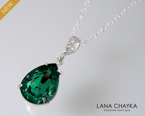 Hochzeit - Emerald Crystal Necklace, Swarovski Emerald Teardrop Silver Necklace, Wedding Bridal Bridesmaids Green Jewelry, Emerald Rhinestone Pendant