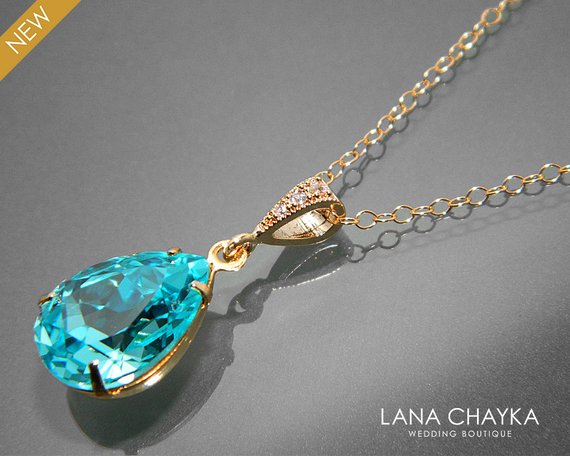 Mariage - Light Turquoise Crystal Necklace Swarovski Turquoise Rhinestone Gold Pendant Teal Teardrop Wedding Necklace Turquoise Gold Bridal Necklace