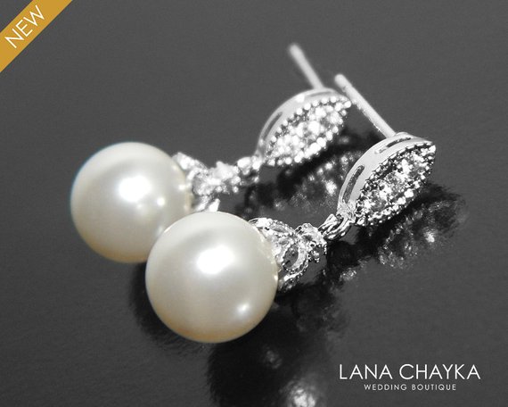 Mariage - White Pearl Earrings, Flower Girl Pearl Earring Studs, Swarovski White Pearl Silver Earrings, Wedding Flower Girl Jewelry, Bridal Earrings