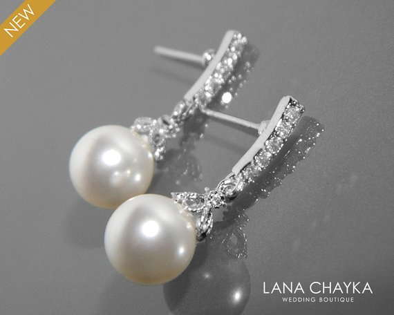 Hochzeit - White Pearl Flower Girl Earrings, Swarovski 8mm Pearl Silver Earrings, White Pearl Small Earrings Wedding Flower Girl Gift, Girls Jewelry
