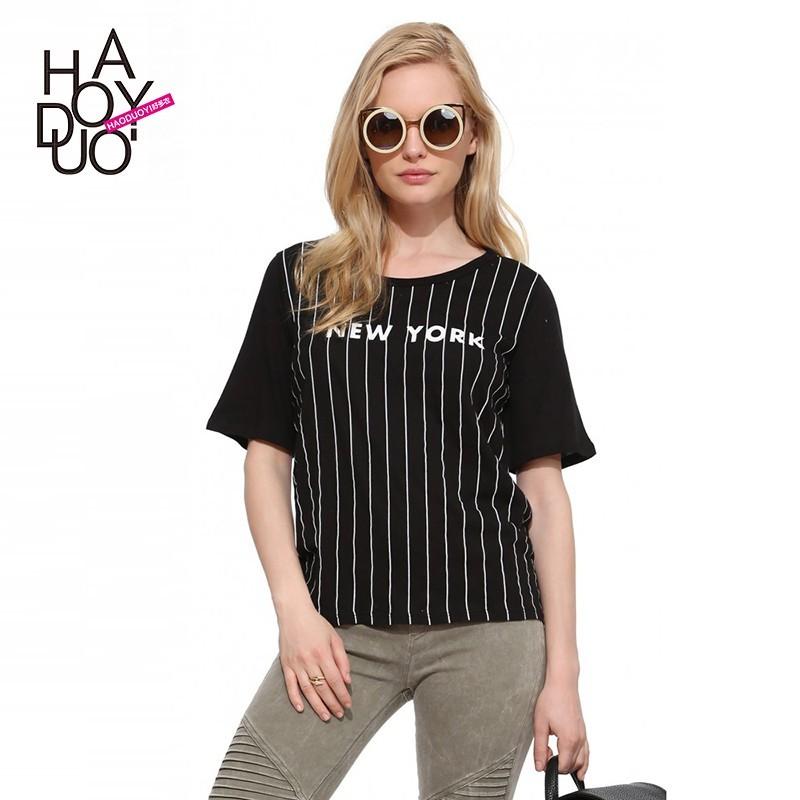 زفاف - Street fashion New York letter vertical stripes print loose crew neck short sleeves black t-shirt - Bonny YZOZO Boutique Store