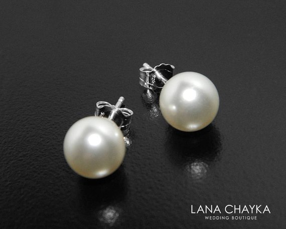 زفاف - White Pearl Bridal Stud Earrings Swarovski 8mm Pearl Wedding Earrings 925 Sterling Silver Pearl Studs Bridesmaid Earrings Prom Pearl Jewelry