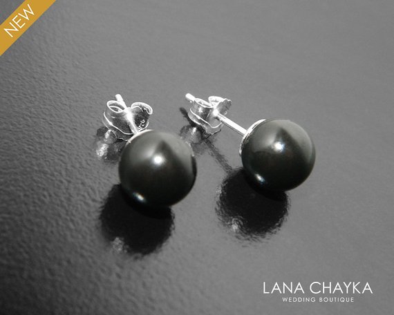 Mariage - Black Pearl Earring Studs, Swarovski Mystic Black Earrings, Black Silver Studs, Bridal Pearl Earrings, Wedding Jewelry, Bridesmaid Earrings