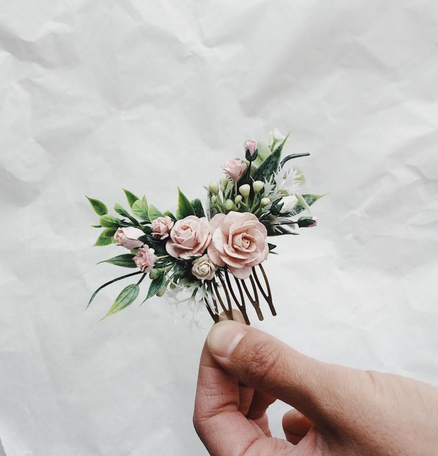 Mariage - Hair comb Bridesmaids hair pieces blush and greenery headpiece, floral hair piece, pale pink hair clip, bridal hair piece, greenery comb,