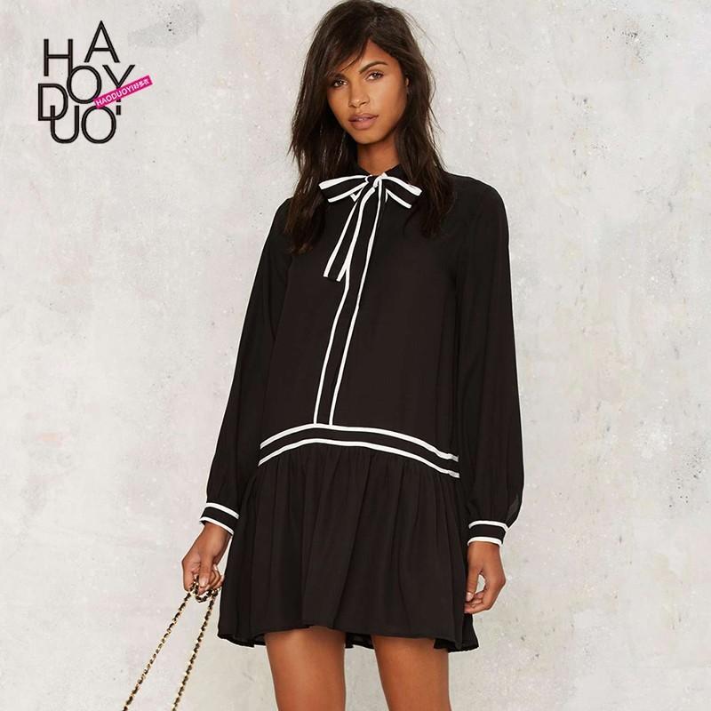 زفاف - School Style Vogue Solid Color Bow Long Sleeves Chiffon Dress - Bonny YZOZO Boutique Store