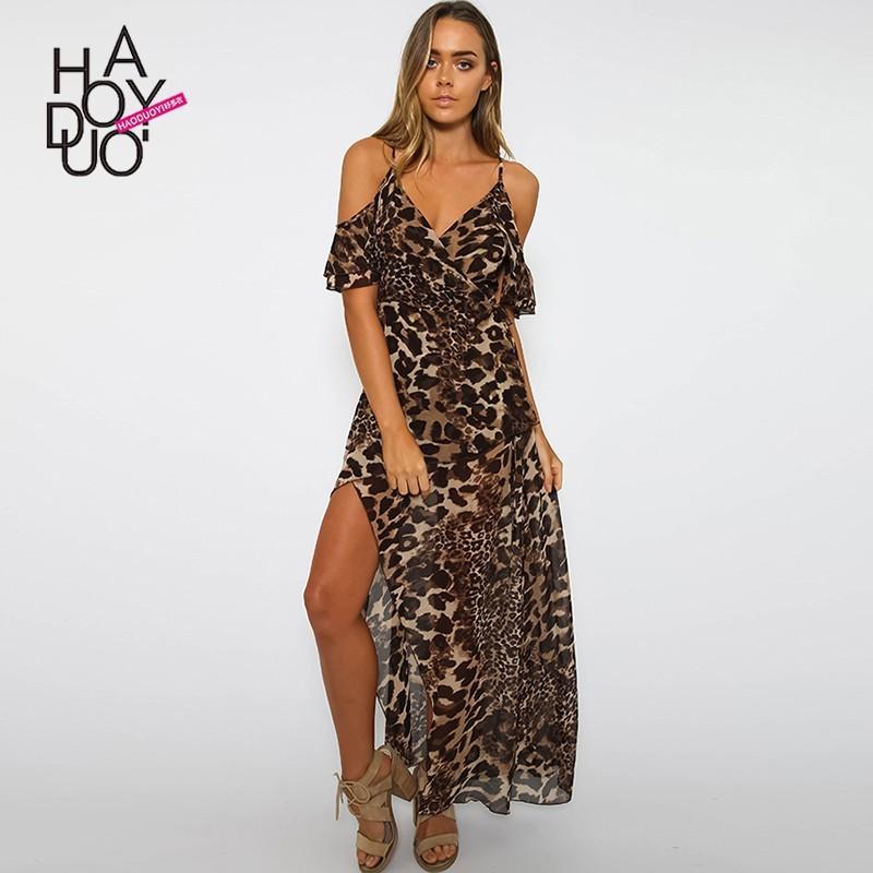 زفاف - Sexy Split Frilled Off-the-Shoulder Leopard Summer Dress Strappy Top - Bonny YZOZO Boutique Store