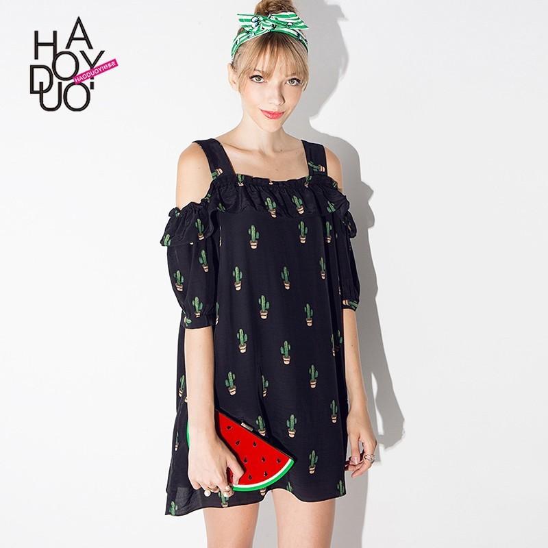 زفاف - Fresh Printed Bateau Off-the-Shoulder Summer Frilled Dress - Bonny YZOZO Boutique Store