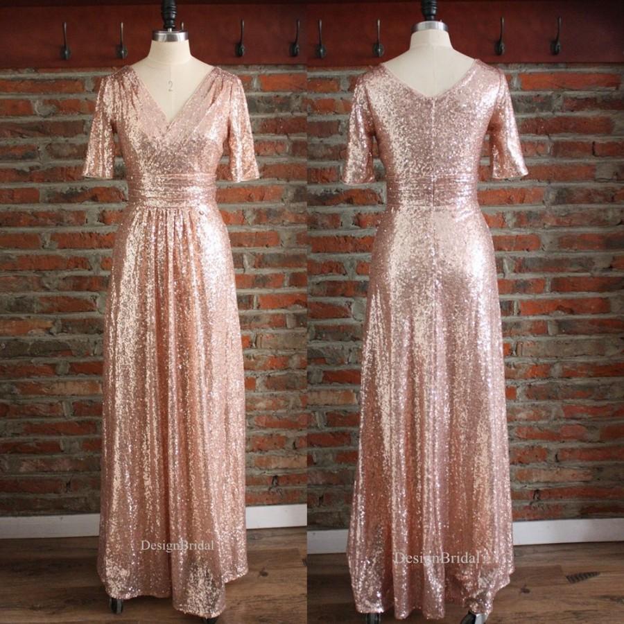 Wedding - Elegant Evening Dresses, Sequin Dress with Crossover Bodice, Ball Gown, V neck Dress, Half Sleeve Dress with Ruched High Waist