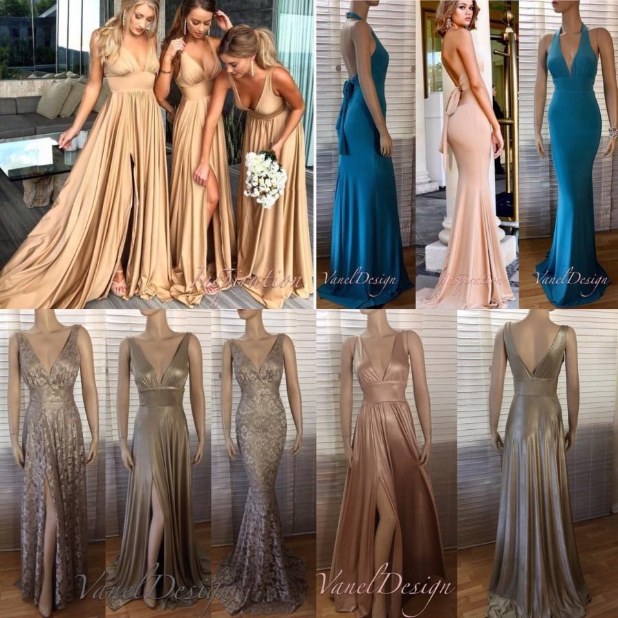 Свадьба - Bridesmaid Dress Long Side Slit V-neck A-Line Dress Candy Gold Rosegold Multi Functional Dress Rose Evening Gown Wedding Party Plus Size