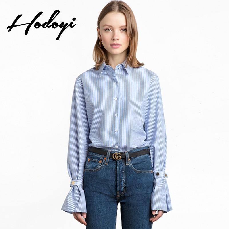 Mariage - Vogue Student Style Attractive Flare Sleeves White Blue Summer 9/10 Sleeves Stripped Blouse - Bonny YZOZO Boutique Store