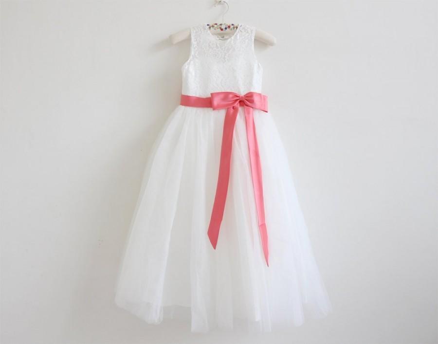 زفاف - Light Ivory Flower Girl Dress Watermelon Ribbon Lace Tulle Baby Girl Dress With Watermelon Sash/Bow Sleeveless Floor Length