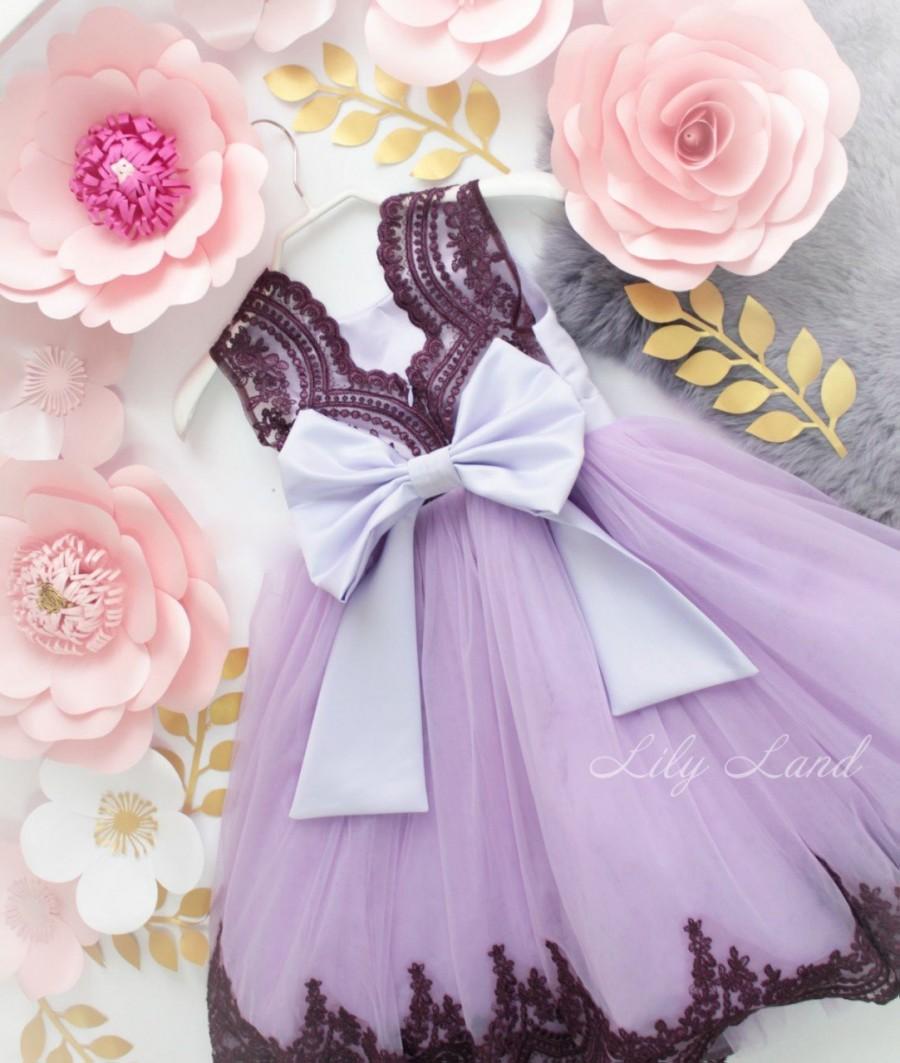 Mariage - Birthday dress for babies lavender & dark purple lace dress  Dress with bow Dress for girls birthday Tutu dress for kids Flower Girl dress