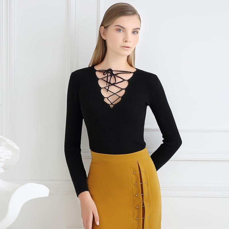 زفاف - Elegant Sexy Vintage Slimming V-neck Long Sleeves Crossed Straps Lace Up Top Knitted Sweater Basics - Bonny YZOZO Boutique Store