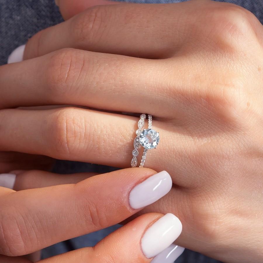 زفاف - Ring with Sapphire (Aquamarine or Moissanite) and Natural Diamonds / 14 K Solid White Gold / Engagement Ring / Christmas Gift For Women