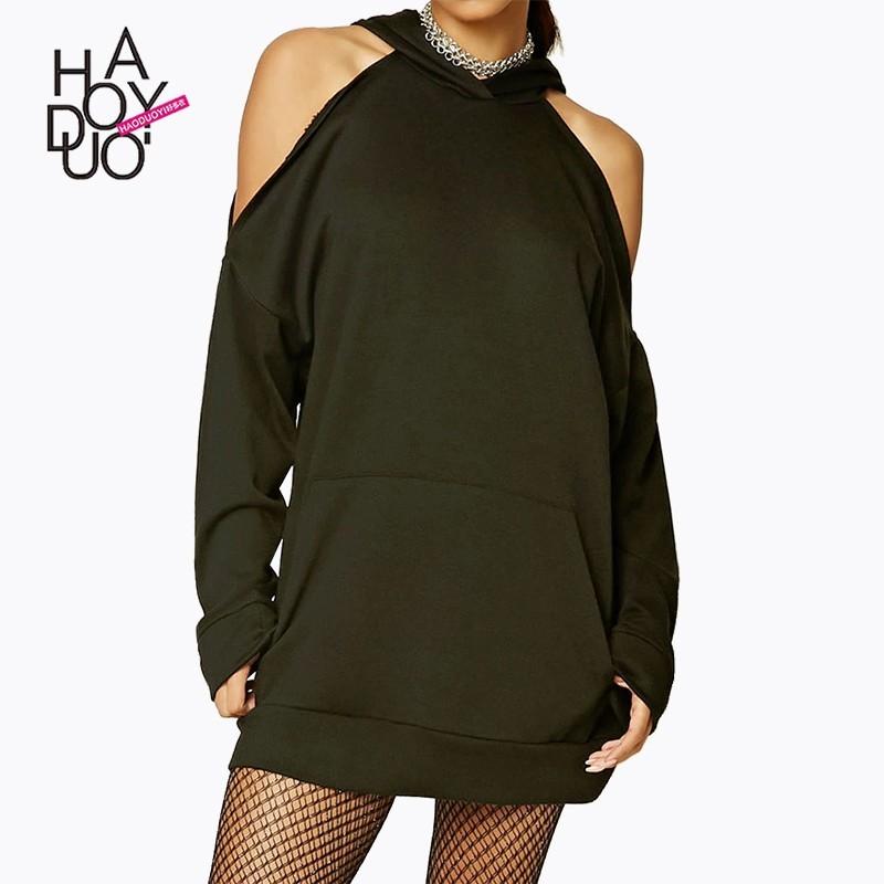 Wedding - Vogue Sexy Off-the-Shoulder Pocket One Color 9/10 Sleeves Hoodie Hat - Bonny YZOZO Boutique Store