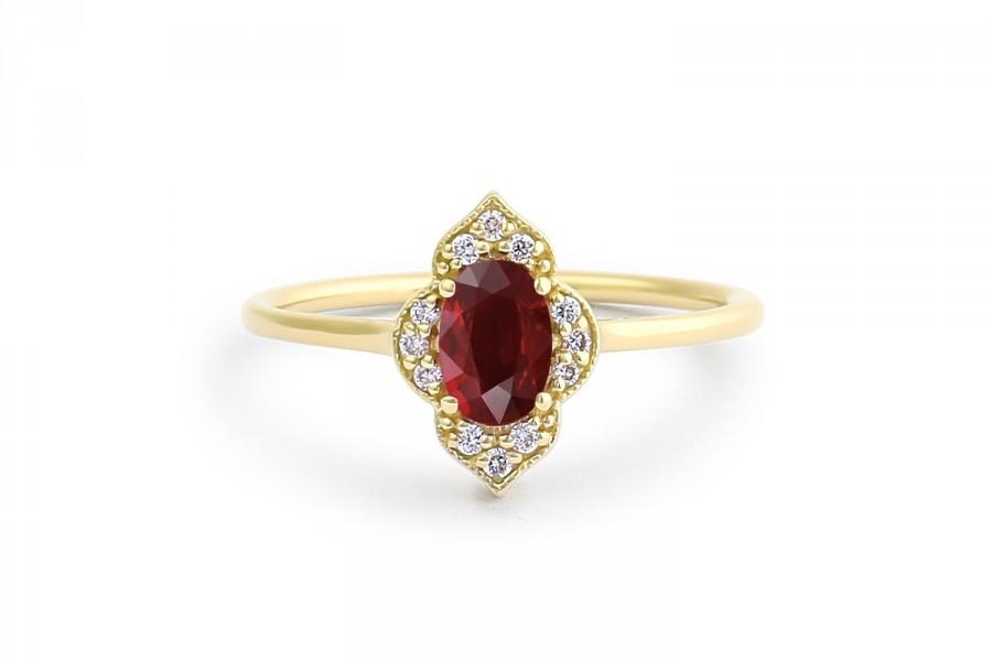 زفاف - Natural Ruby Ring / 14k Gold Halo Ruby Engagement Ring / Victorian Genuine Ruby Ring / July Birthstone Ring / Anniversary Gift