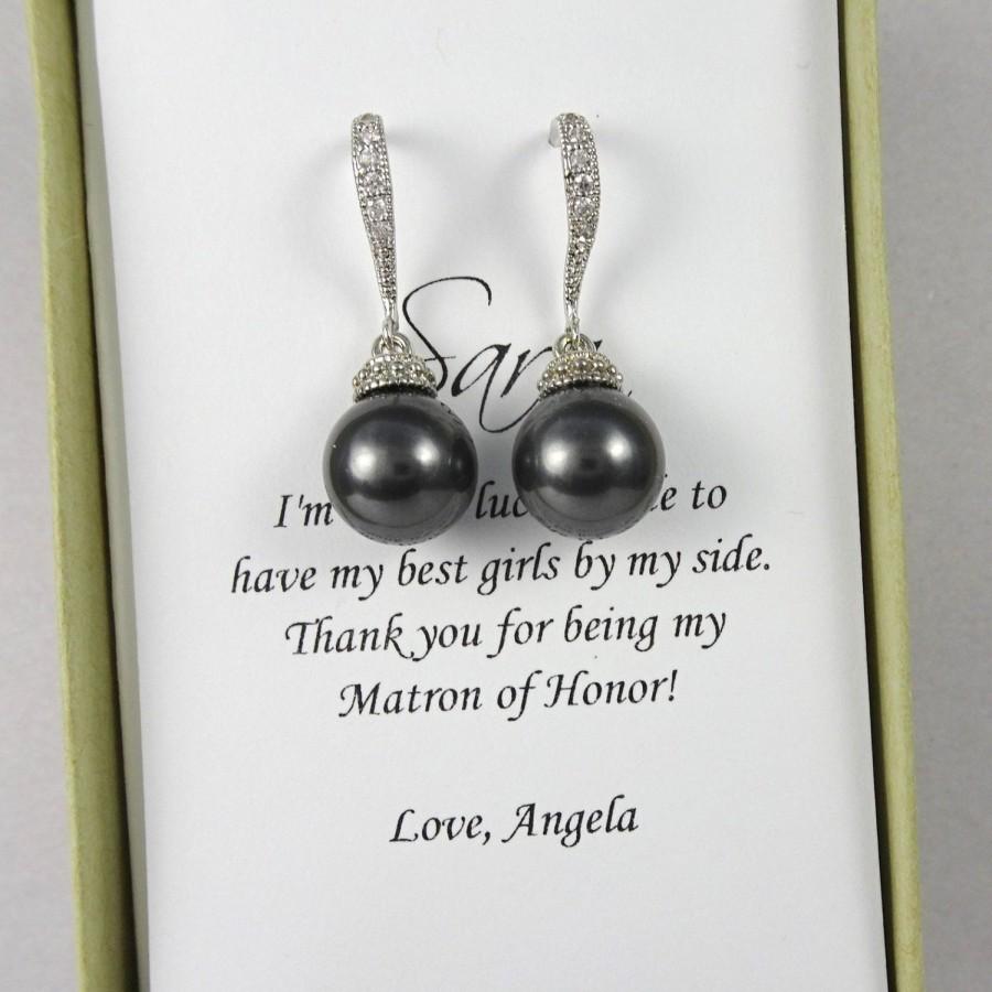 Wedding - Black Pearl Bridesmaid Earrings, Swarovski Black Pearl Earrings, Black Wedding Earrings, Bridesmaid Gift Earrings, Wedding Earrings