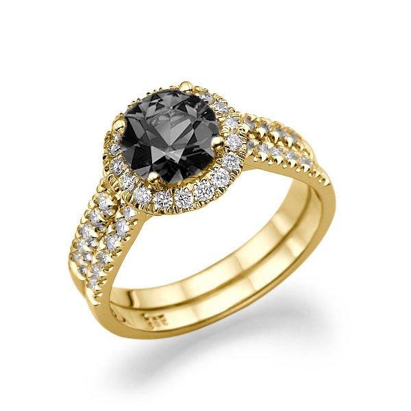 Mariage - Black Diamond Ring, 14K Gold Ring, Double Shank Halo Engagement Ring, 1.46 TCW Black Diamond Engagement Ring, Unique Rings