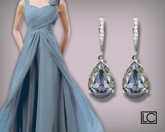 Mariage - Blue Shade Crystal Earrings, Swarovski Teardrop Rhinestones Blue Earrings, Dusty Blue Silver Bridesmaid Earrings, Wedding Dusty Blue Jewelry