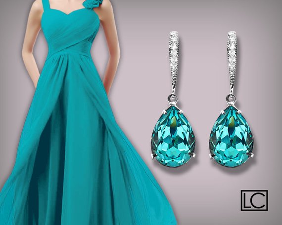 زفاف - Light Turquoise Crystal Earrings Blue Teal Earrings Bridesmaids Swarovski Teardrop Rhinestone Silver Earrings Bridesmaid Malibu Jewelry