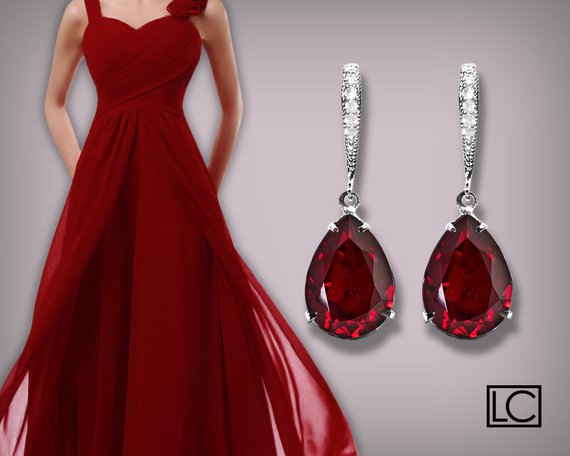 Свадьба - Red Crystal Earrings Swarovski Siam Rhinestone Sterling Silver CZ Red Earrings Wedding Red Earrings Bridesmaids Earrings Wedding Jewelry