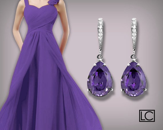 Mariage - Tanzanite Grape Crystal Earrings, Swarovski Tanzanite Rhinestone Silver Earrings, Violet Teardrop Earrings, Wedding Grape Bridesmaid Jewelry