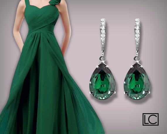 Hochzeit - Emerald Crystal Earrings Swarovski Emerald Teardrop Silver Earrings Green Bridesmaid Earrings Wedding Bridal Jewelry Prom Emerald Earrings
