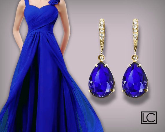 زفاف - Blue Crystal Earrings, Swarovski Majestic Blue Teardrop Earrings, Cobalt Gold Earrings, Sapphire Bridesmaid Jewelry Royal Blue Prom Earrings
