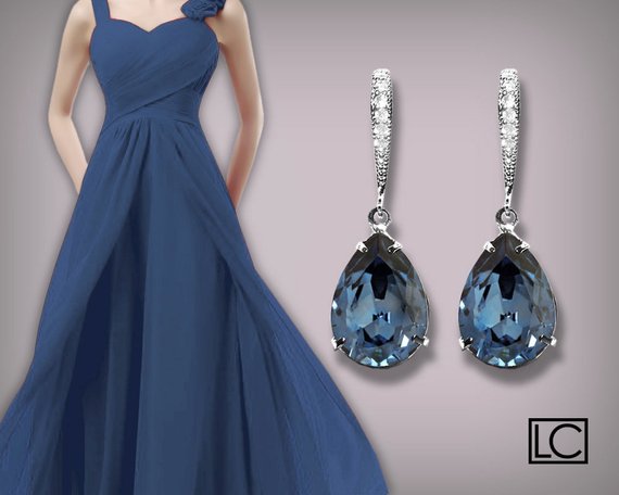 زفاف - Blue Crystal Wedding Earrings Denim Blue Rhinestone Earrings Swarovski Dark Blue Silver Earrings Teardrop Dangle Earrings Bridesmaid Jewelry