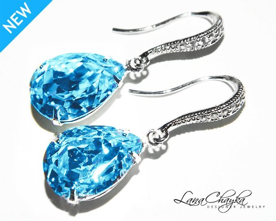 Wedding - Aqua Blue Crystal Earrings Swarovski Aquamarine Rhinestone Earrings Teardrop Blue Earrings Bridesmaid Blue Earrings Wedding Blue