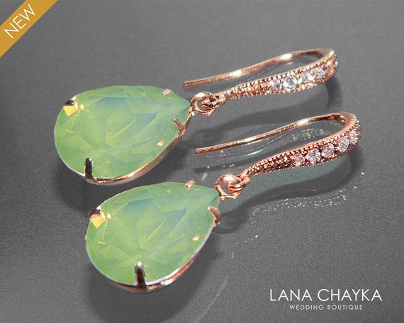 Mariage - Chrysolite Green Opal Earrings, Swarovski Green Opal Rose Gold Earrings, Mint Green Teardrop, Green Opal Bridal Earrings Wedding Bridesmaids