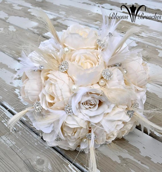 Wedding - Bridal bouquet, Feather Brooch Bouquet, Gatsy Wedding, Wedding flowers, silk bouquet, bridesmaids bouquet
