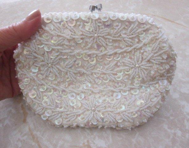 Wedding - SALE Vintage Hand Made Beaded Pearl Sequin Bridal Handbag, Bridal, Wedding, Hand Made Beaded Bag From Hong Kong, Stunning Formal Bag