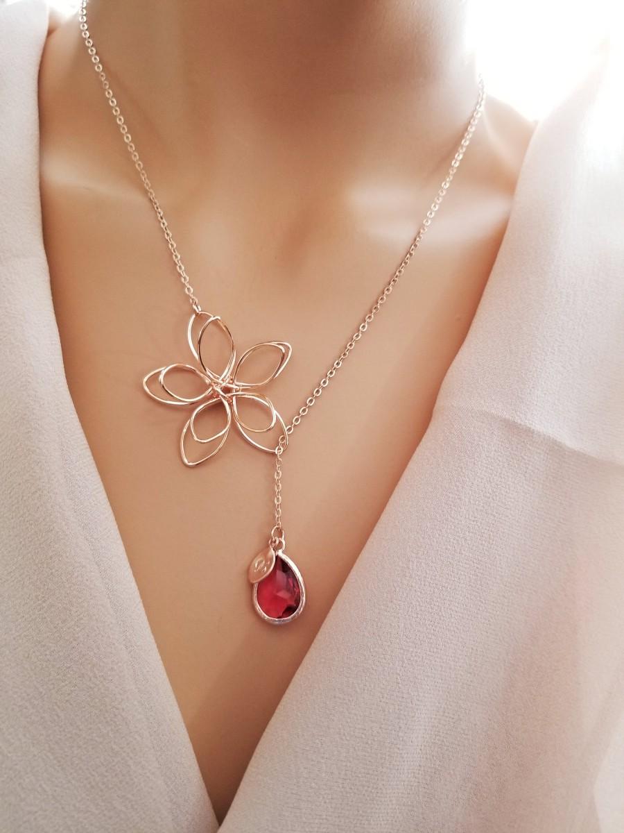 Wedding - Personalized Birthstone jewelry Ruby Flower Necklace, ROSE GOLD Necklaces, anniversary Gift, Unique gift for wife, Bridesmaid gifts