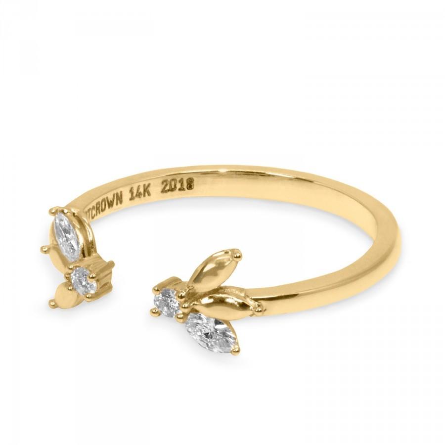 زفاف - Diamond Engagement Ring, 0.18 Carat Flower Diamond Engagement Ring, Stackable Open Band Ring for Women, Bridal Diamonds and Gold Ring