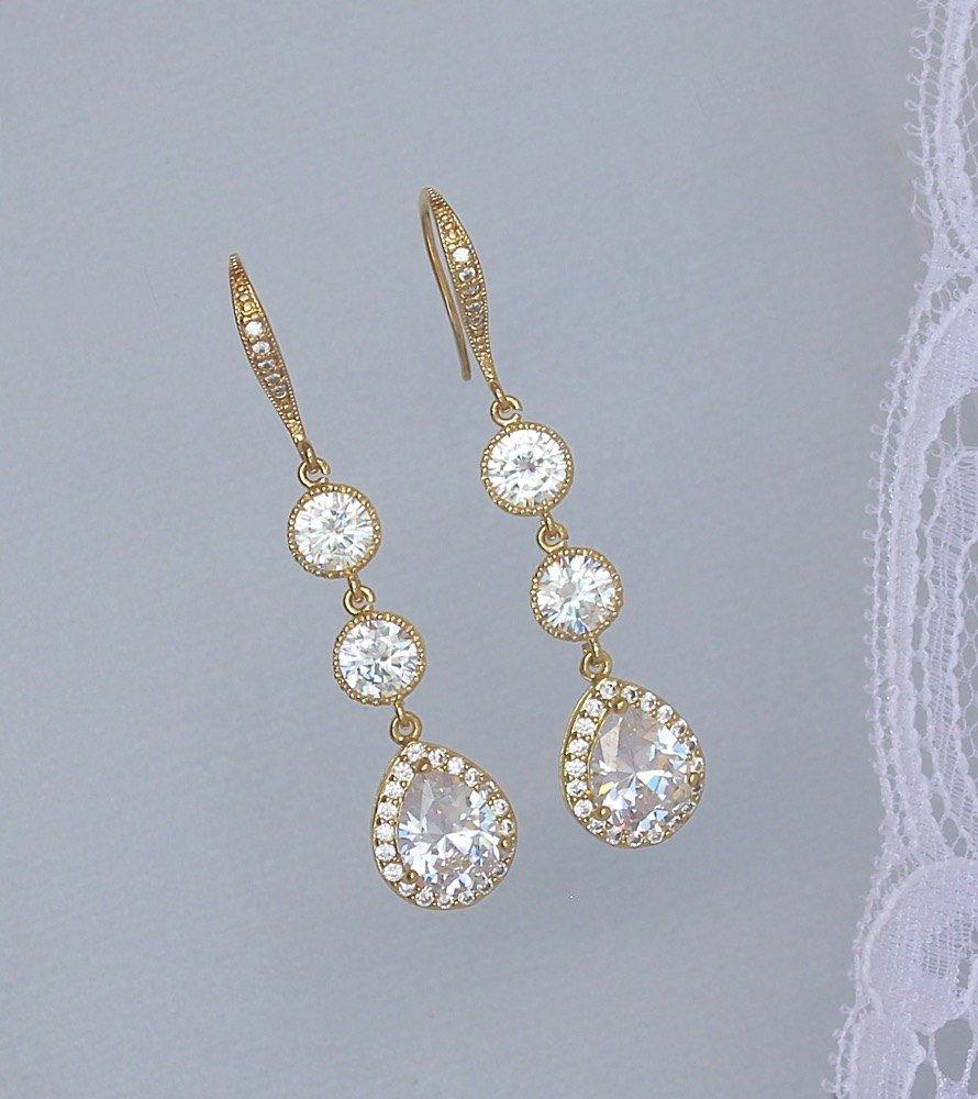 Hochzeit - GOLD Crystal Teardrop  Earrings, Gold Crystal Bridal Earrings, Gold Bridesmaids earrings, CHARLIE G 2 