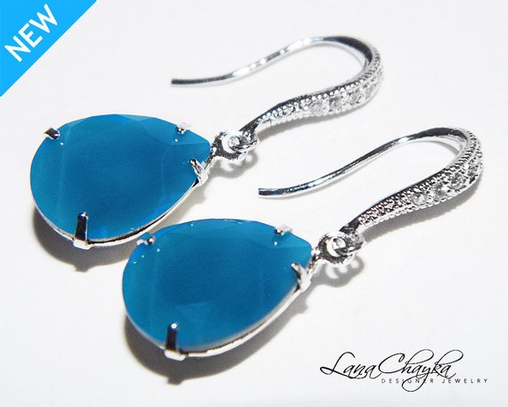 زفاف - Caribbean Blue Opal Crystal Earrings, Swarovski Opal Earrings, Dark Turquoise Rhinestone Bridal Bridesmaid Earring Blue Opal Wedding Jewelry