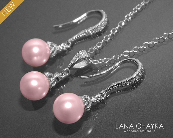 Mariage - Pink Pearl Earrings Necklace Set STERLING SILVER Blush Pink Drop Small Pearl Set Swarovski 8mm Rosaline Pearl Set Bridal Bridesmaid Jewelry