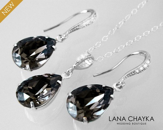 Hochzeit - Silver Night Crystal Jewelry Set, Swarovski Earrings&Necklace Set, Charcoal Silver Teardrop Jewelry Set, Bridesmaid Bridal Charcoal Jewelry