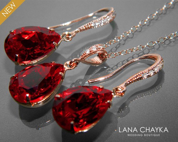 Mariage - Red Crystal Jewelry Set Wedding Dark Red Earrings&Necklace Set Swarovski Rhinestone Sterling Silver Jewelry Set Bridesmaids Bridal Jewelry