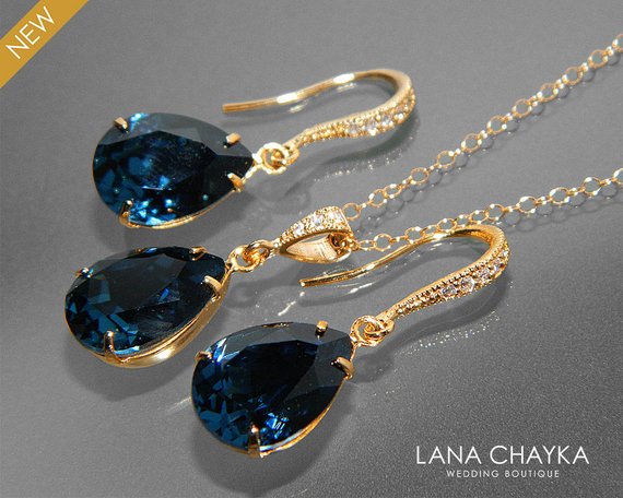 Mariage - Navy Blue Gold Jewelry Set, Dark Blue Earrings&Necklace Bridal Set, Swarovski Montana Blue Jewelry Set, Bridesmaid Jewelry, Prom Jewelry Set