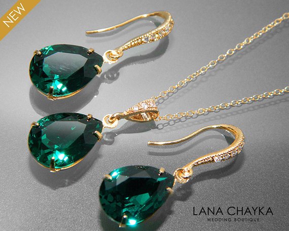 Mariage - Emerald Green Crystal Jewelry Set Emerald Gold Earrings&Necklace Set Swarovski Emerald Rhinestone Jewelry Set Wedding Green Jewelry Sets