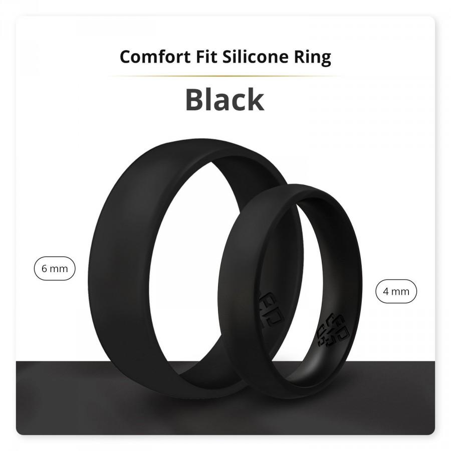 زفاف - Silicone Wedding Ring Band - True Comfort Fit in Smooth Black - 4mm or 6mm