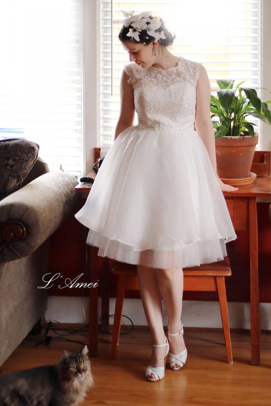 زفاف - Short Knee Length Ivory Lace Wedding Dress - illusion neckline lace wedding party dress