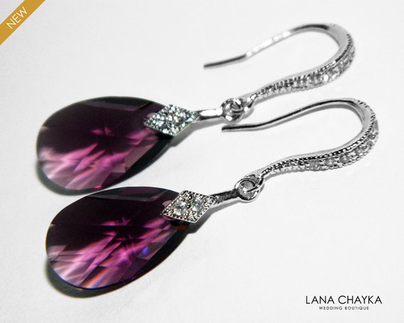 Wedding - Amethyst Crystal Earrings, Swarovski Amethyst Silver Teardrop Earrings, Purple Crystal Dangle Earrings, Wedding Purple Bridesmaids Earrings