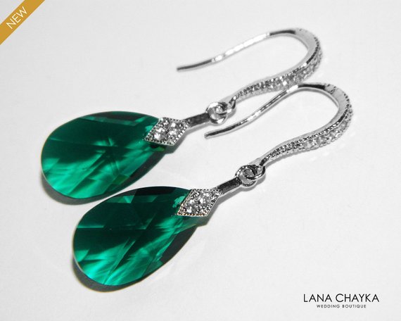 Wedding - Emerald Crystal Earrings, Swarovski Emerald Silver Dangling Earrings, Wedding Green Pear Earrings, Teardrop Green Earrings, Emerald Jewelry
