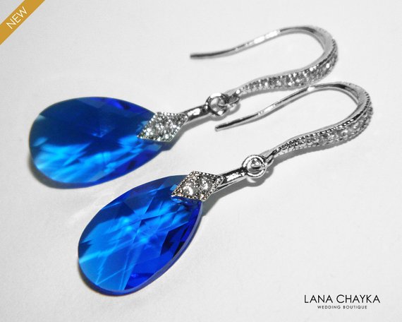 زفاف - Blue Crystal Earrings, Swarovski Majestic Blue Earrings, Cobalt Silver Dangle Earrings, Bridal Blue Teardrop Earrings, Sapphire Earrings